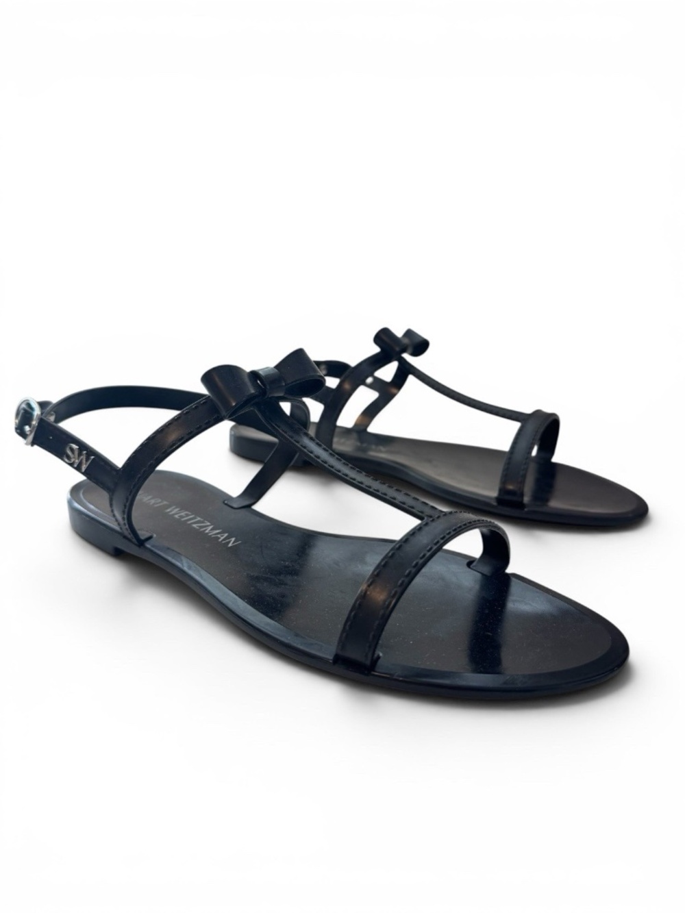 Stuart Weitzman Mellie Sandals Women's 9 Black Jelly T-Strap Bow Slingback Shoes